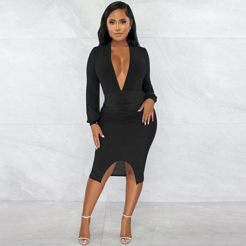Casual Dresses Wuhe Deep V-ringen Drawstring Ruched Stacked Pencil Dress 2023 Female Sexy Party Prom Club Bodycon Long Sleeve Women