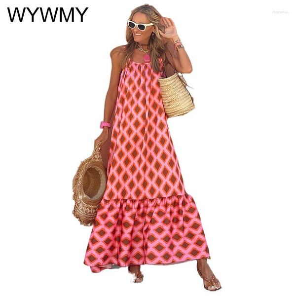 Vestidos casuales WYWMY Red Sexy Vestido de verano Mujeres Vintage Argyle Impreso Maxi Boho Bohemio Correa de espagueti sin respaldo Largo Swing