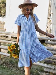 Casual jurken Wywmy Summer Women Plaid Shirt voor vintage gecontroleerde Turn Down Collar Midi Dress Button Up Party Vestidos Robe