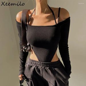 Vestidos casuales Xeemilo Sexy Off Hombro Halter Body Estético Correas de espagueti Camiseta de manga larga Mujeres Slim Fit Party Clubwear