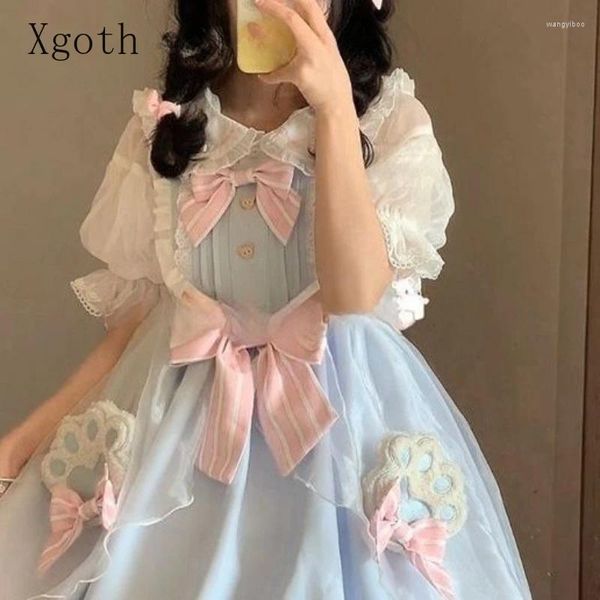 Robes décontractées Xgoth princesse lolita robe manches bouffantes imprimé mignon a-ligne mini fille douce preppy patchwork jupes vêtements féminins