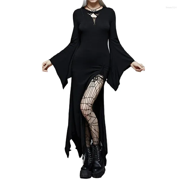 Vestidos casuales Xingqing vestido gótico Y2k mujeres negro acampanado manga larga alto corte oscuro academia vintage estética streetwear