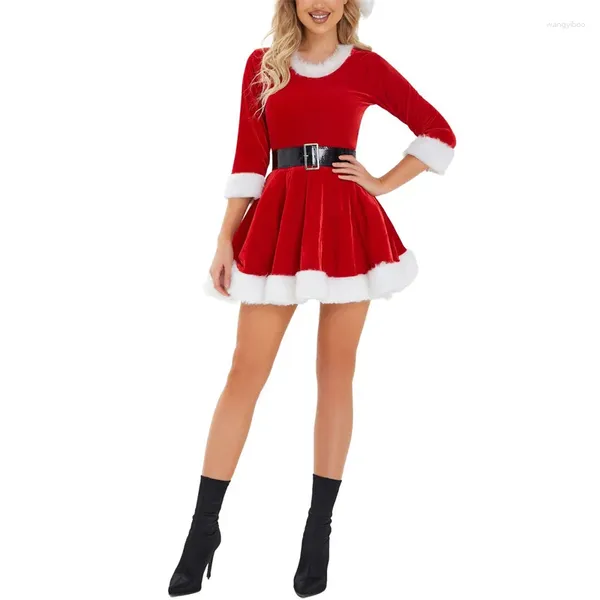 Robes décontractées Xingqing Femmes Robe de Noël Hiver Santa Cosplay Peluche Garniture Velours Col rond 3/4 Ceinture à manches avec costume de chapeau