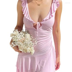 Vestidos casuales Xingqing Mujeres Ruffle Mini Vestido Verano Rosa Corte bajo Tie-Up Sin mangas Dulce Sin espalda 2000s Ropa Clubwear