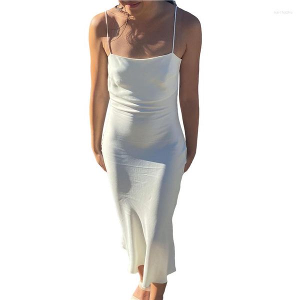 Robes décontractées Xingqing Y2k robe blanche pour femmes couleur unie Spaghetti sangle sans manches Midi 2000 s esthétique fête Clubwear