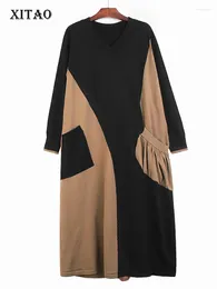 Casual jurken xitao asymmetrisch contrast kleur jurk brei los vouw vouw v-hals dames mode lente sweater wld13285