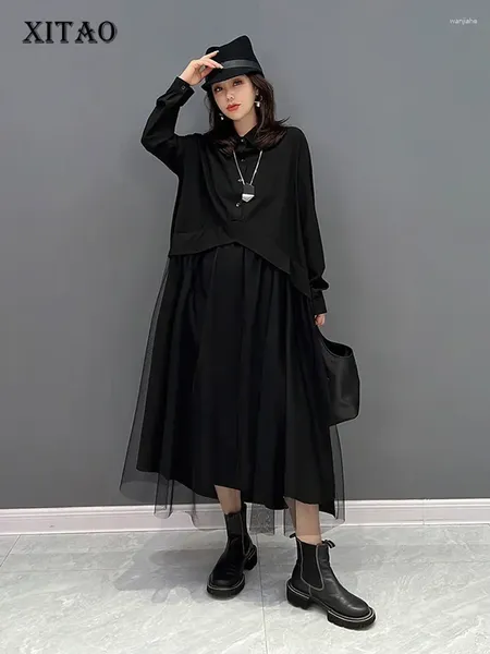 Robes décontractées Xitao Black Mesh Shirt Robe Fashion False Two Pieces Set Splicing Women Automne Loose WLD9073