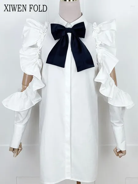 Robes décontractées XIWEN Robe d'épaule papillon pour femmes 2024 Printemps Design Style Ridé Bord à volants Petites manches volantes XF1450
