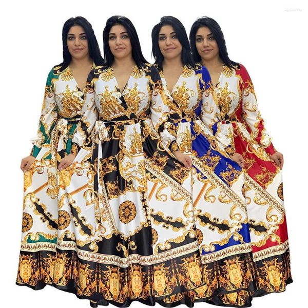 Vestidos casuales XL-5XL Estampado africano para mujeres Elegante Otoño Manga larga Moda musulmana Abayas Dashiki Robe Kaftan Maxi