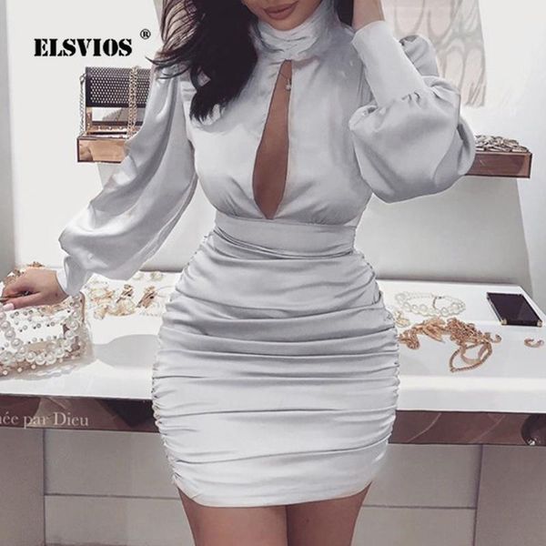 Vestidos informales XL ahuecados sin espalda satén seda plisado vestido mujer cuello alto ceñido al cuerpo primavera mujer manga larga fiesta de otoño