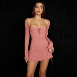 Casual jurken xllais groothandel items vrouwen flare lange mouwen roze jurk mode vierkante kraag verbonden gewaden sexy uitgesneden feestclub Vestidos 220916