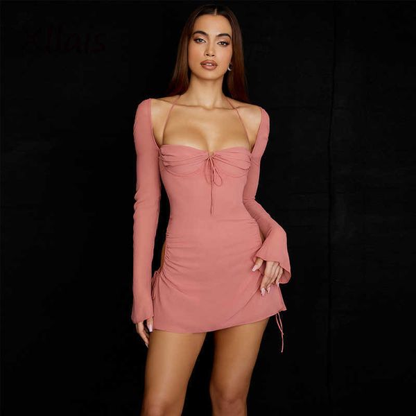 Robes décontractées XLLAIS Articles en gros Femmes Flare À Manches Longues Robe Rose Mode Col Carré Robes De Bandage Sexy Découpé Party Club Robes Z0216