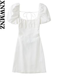 XNWMNZ dames witte mode linnenmix jurk vrouwelijke vierkante hals korte pofmouwen rugloze gekruiste bandjes voor dames s 230302