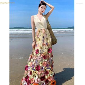 Casual jurken y-y beige patchwork floral borduurwerk lange mouw backless jurk zomer elegante luxe dames avondfeest boho robe