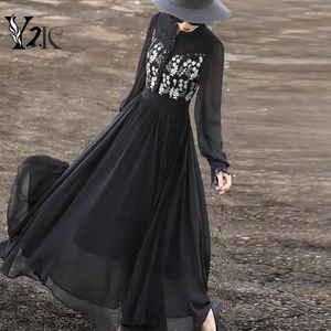 Casual jurken y2k kleding herfst lente zwart bloemen borduurwerk puff met lange mouwen midi voor vrouwen vintage elegante feestjurk