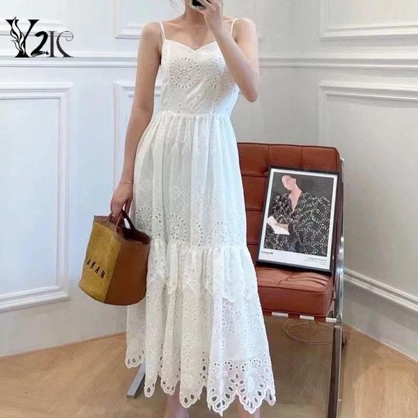 Robes décontractées Y2K Clothes Designer Hollow Out Sundress Summer Holiday Holiday Chic Elegant Party Spaghetti Strap Maxi For Women Vestidos