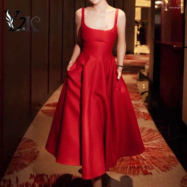 Vestidos casuales Y2K Ropa Diseñador de lujo Sólido Rojo Cumpleaños Tanque Vestido Midi Largo para Mujeres Elegante Fiesta Noche Vestidos Formales