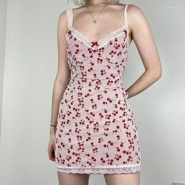 Robes décontractées Y2K mignon imprimé mini robe dentelle noeud col en V spaghetti sangle robe d'été Cte doux coréen Fariycore tenues fête rose