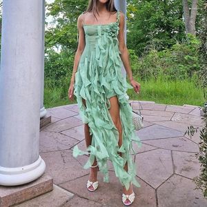 Vestidos casuales Y2K Fairy Vintage Mesh Ruffle Tassel Dress Wedding Party Night 3D Flower Tie-Up Spaghetti Strap Irregular Bodycon Mujeres