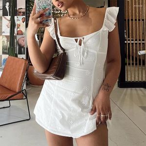 Casual jurken Y2K Fairycore Floral Pattern White Dress Topper Square Collar Ruffles Strap Slim Fit Bodycon Women Vintage Backless Mini