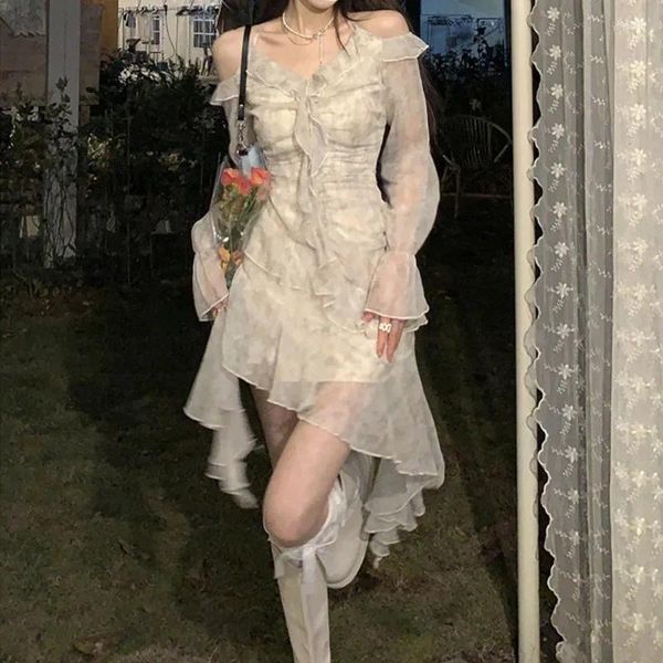 Robes décontractées y2k manches longues florales mini robe femme plage élégant court fête vintage imprimement corée moréée robe