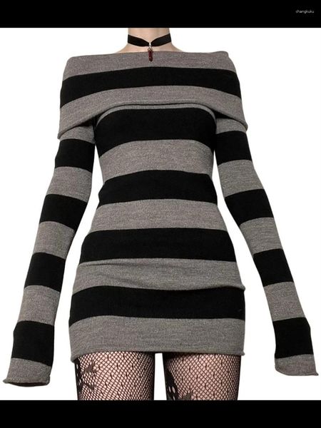 Robes décontractées y2k femmes gothiques off épaule tricot à manches longues mini robe esthétique Stripe bodycone sexy wrap han