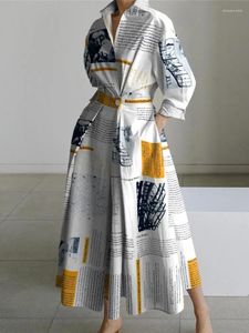 Robes décontractées yeezzi 2024 femelle viande de mode femelle revers imprimé robe A-line printemps automne à manches longues