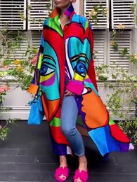 Casual jurken Yeezzi vrouwelijke stijlvolle selectie abstract bedrukte shirtjurk 2023 lente lange mouw losse vakantie maxi voor dames