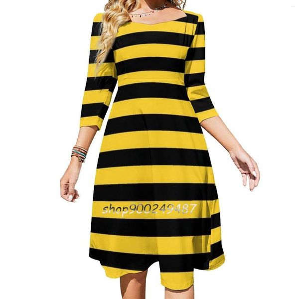 Robes décontractées jaune et noir miel abeille rayures robe à col carré doux été femmes élégant licou imprimé