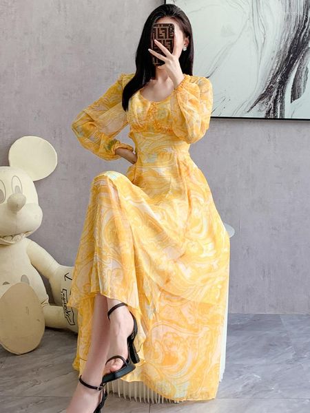 Robes décontractées jaune élégant en mousseline de soie Maxi robe été femmes 2023 coréen à manches longues tuniques de plage Floral bal pour les vacances du soir