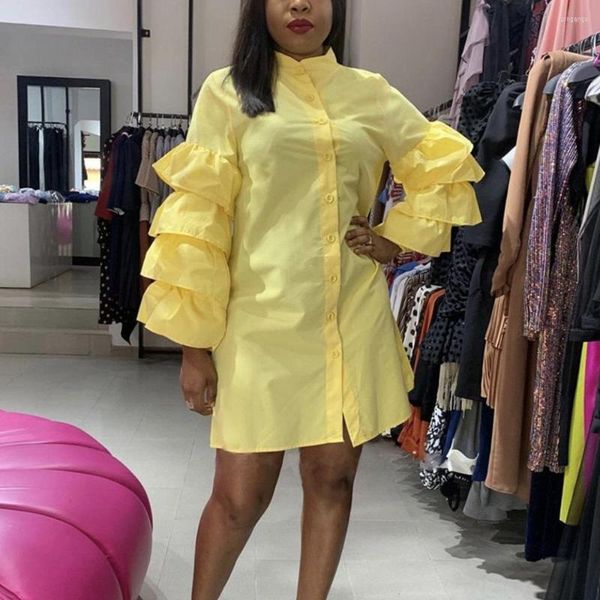 Robes décontractées Jaune Pour Femmes Volants Manches Simple Breed Droite Mini Longueur Printemps Automne Mode Soirée Soirée Robe