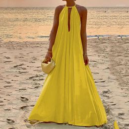 Casual Jurken Geel Vakantie Strand Halter Maxi Jurk Voor Vrouwen Zomer 2023 Elegante Sexy Mouwloze Zonnejurk Losse Party Club