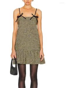 Casual Jurken Geel Houndstooth Vrouwen Sling Jurk Ruches Sexy Mouwloze Boog Dames Mini Gewaad 2024 Lente Zomer