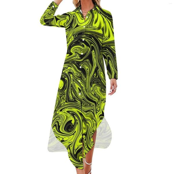 Robes décontractées Robe en mousseline de soie liquide jaune Sexy col en V Art abstrait Imprimer Femmes élégantes Street Wear Idée cadeau