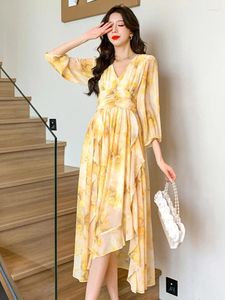 Casual jurken Geel Lange avond Prom Zomer Women Party Midi Dress Chiffon Elegant Floral Bodycon Fashion 2024 Korean V Neck