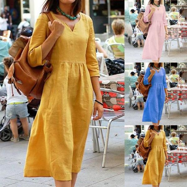 Vestidos casuales de lino de algodón suelto de algodón para mujeres para mujeres, cuello redondo de verano, media manga, boho vestido vintage plus tally midi