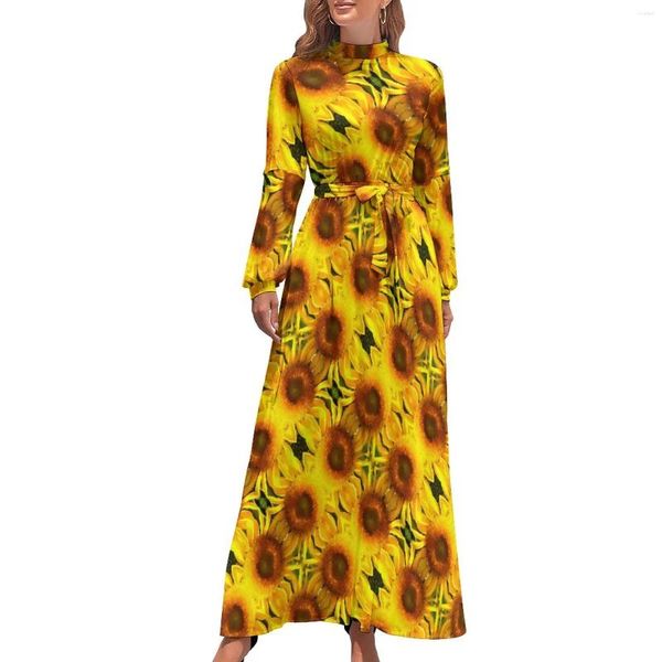 Robes décontractées Robe de tournesol jaune imprimé floral sexy maxi esthétique bohême longue taille haute graphique vestido