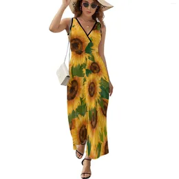 Casual jurken gele zonnebloem jurk zomer bloemen print Koreaanse mode bohemia lange dames hoge taille grafisch strand maxi