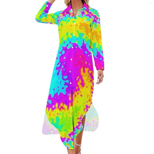 Robes décontractées Robe en mousseline de soie jaune Tie Dye Imprimer Femmes mignonnes à manches longues Esthétique Modèle de col en V surdimensionné