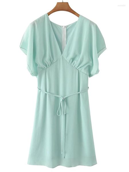 Robes décontractées yenkye 2023 Fashion Femmes Mint Green Summer Robe Vintage High Wistre Short Sleeve Mini Vestido