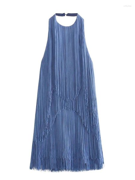 Robes décontractées YENKYE 2023 Femmes Bleu Sexy Dos Nu Halter Court Robe À Franges