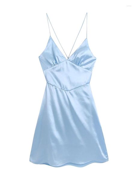 Robes décontractées YENKYE 2023 femmes mode dos nu Spaghetti sangle Satin Sexy robe dames bleu ciel court été Vestido