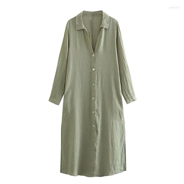 Robes décontractées YENKYE 2023 Femmes Retroussées Manches Chemise en lin Robe Vintage Col à revers Femme Lâche Longue