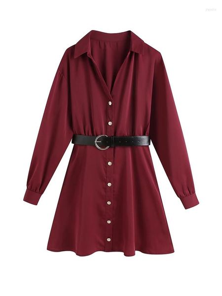 Robes décontractées YENKYE 2023 femmes avec ceinture vin rouge chemise robe Vintage à manches longues élégante femme courte automne Vestido