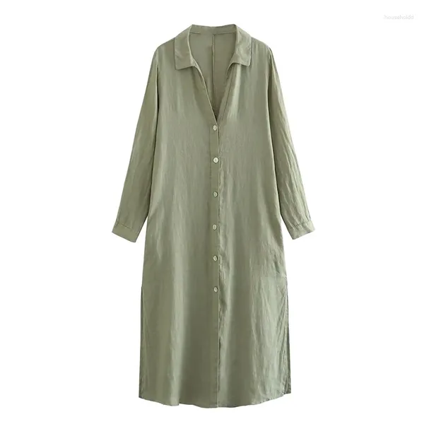 Robes décontractées YENKYE 2024 Femmes Retroussées Manches Chemise en lin Robe Vintage Col à revers Femme Lâche Longue