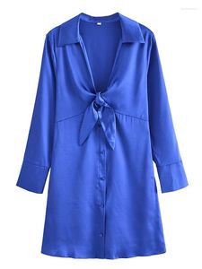 Casual jurken Yenkye Fashion Women Blue Knoopte Satijnen jurk lange mouw reverskraag vrouwelijk korte vestido