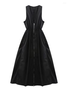 Casual jurken Yenkye Fashion Women Front Zipper Black Tank Dress Sexy Mouweless V Neck Ladies Midi Vestido