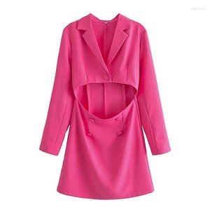 Robes décontractées YENKYE Mode Femmes Manches Longues Rose Rouge Découpe Blazer Mini Robe