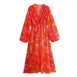 Robes décontractées Yenkye vacances romantiques imprimé floral col en V femmes boho manches longues a-ligne midi robe de printemps 2024 robes de vacances