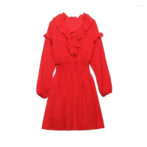 Robes décontractées Yenkye Robe rouge à volants pour femmes 2024 Lace Up Col V Robe à manches longues Vintage Taille élastique Party Mini